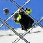 Man cleaning glass roof in Tilburg, Netherlands, showcasing architectural and labor perspective.